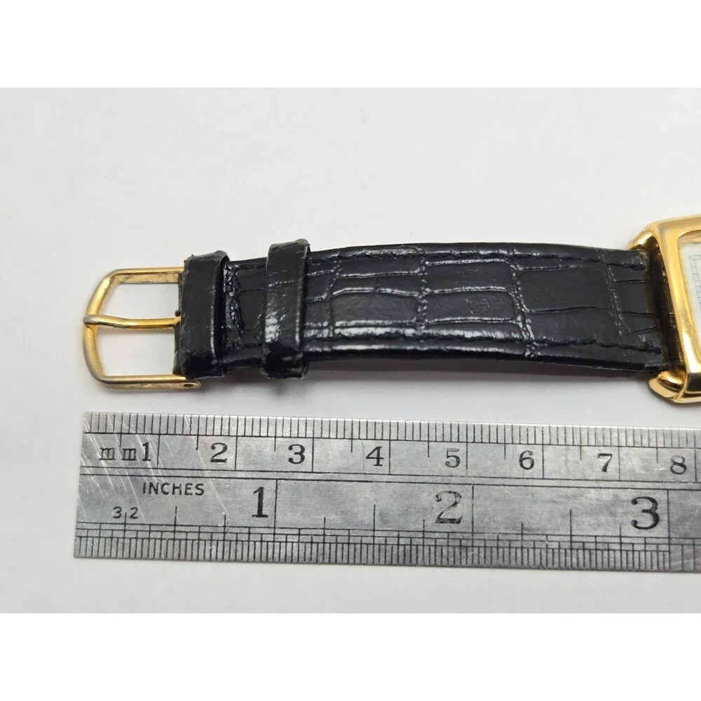 Vintage Osirock Dual Time 26mm Gold Tone Tank Watch Black Leather New Battery